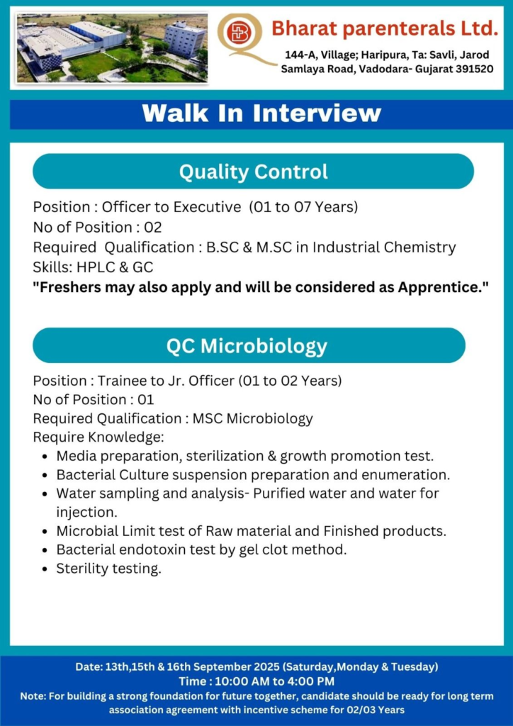 Bharat Parenterals Ltd Walk-in Interview 2025 – Multiple Pharma Openings on 13th, 15th, and 16th September