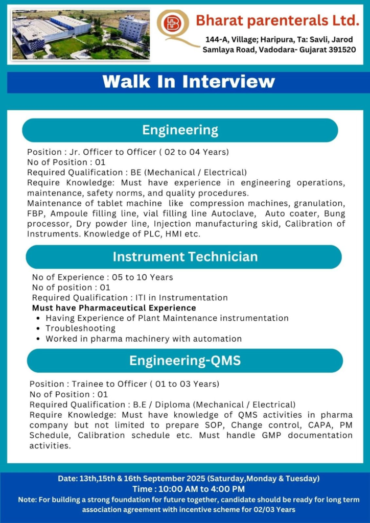 Bharat Parenterals Ltd Walk-in Interview 2025 – Multiple Pharma Openings on 13th, 15th, and 16th September