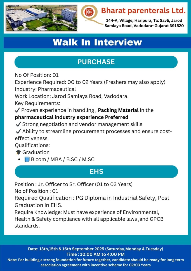 Bharat Parenterals Ltd Walk-in Interview 2025 – Multiple Pharma Openings