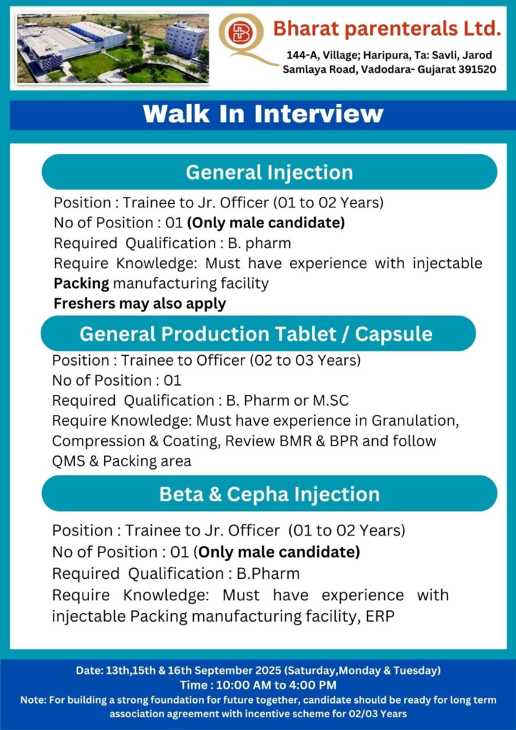 Bharat Parenterals Ltd Walk-in Interview 2025 – Multiple Pharma Openings on September