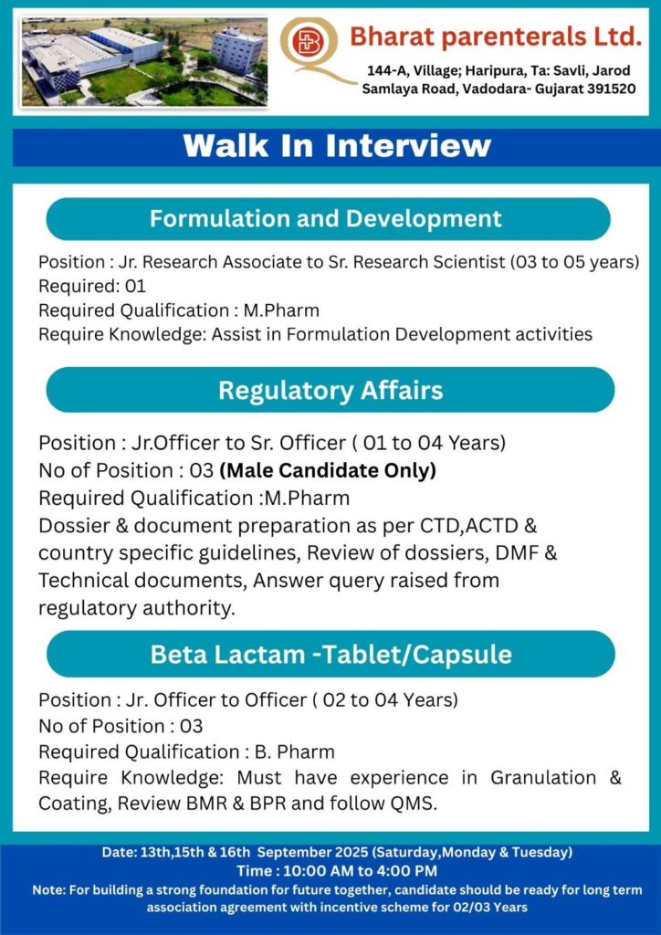 Bharat Parenterals Ltd Walk-in Interview 2025