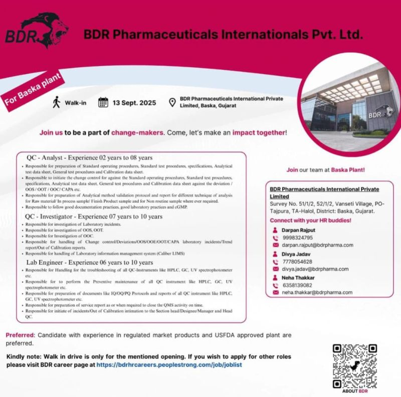 BDR Pharmaceuticals Walk-in Interview 2025 – QC & Lab Roles on 13th September