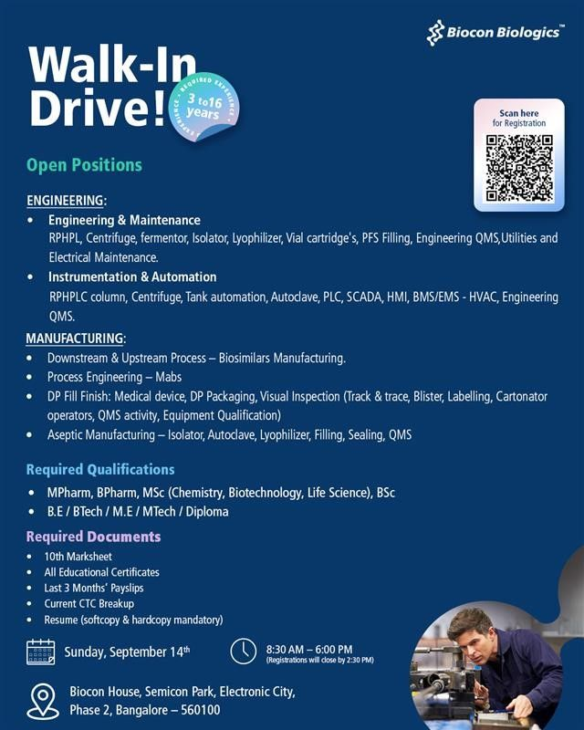 Biocon Biologics Walk-in Drive 2025 – Multiple Openings in Bangalore