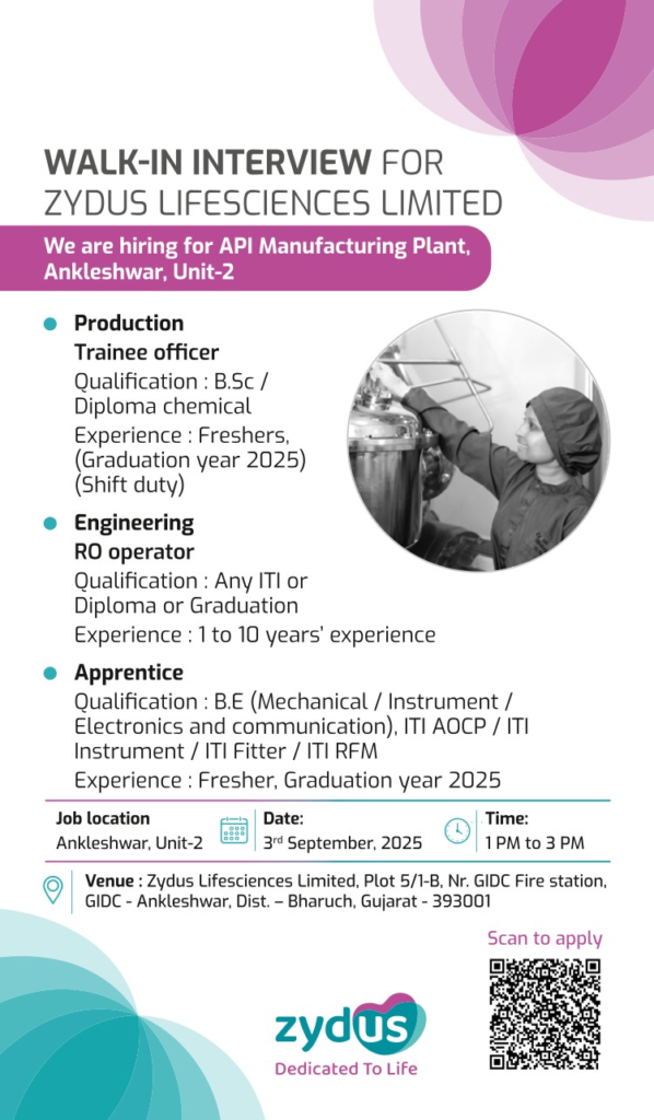 Fresher Jobs @ Zydus Lifesciences Walk-in Interview – API Manufacturing Plant Ankleshwar, 3rd September 2025