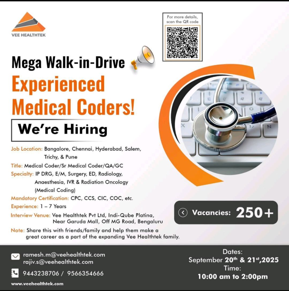 Vee Healthtek - Mega Walk-In Drive @ Medical Coding Jobs in Multiple Cities on 20th & 21st September 