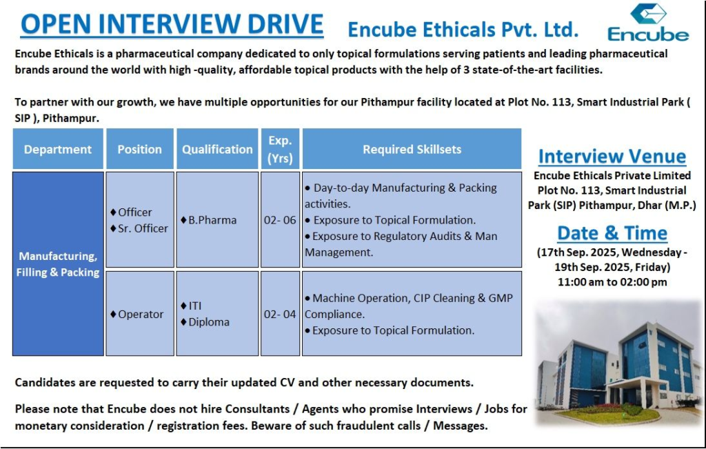 Encube Ethicals - Open Interview Drive for Pharma Jobs in Pithampur from 17th to 19th September
