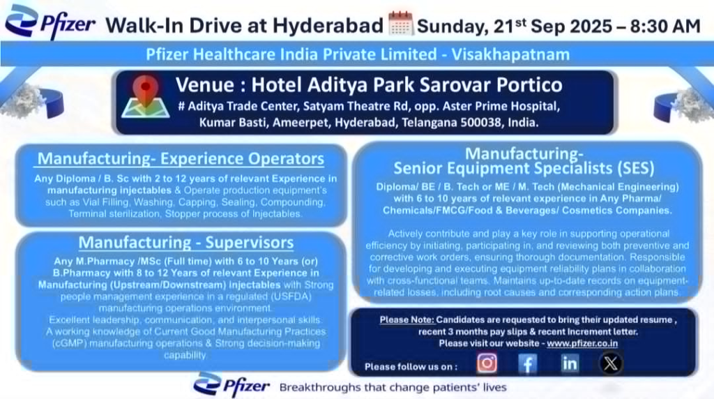 Walk-In Drive @ Pfizer - Hiring in Manufacturing Jobs for Visakhapatnam Facility on 21st September