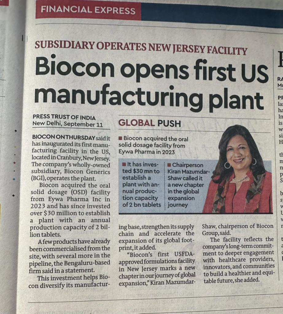Biocon Opens first US manufacturing Plant