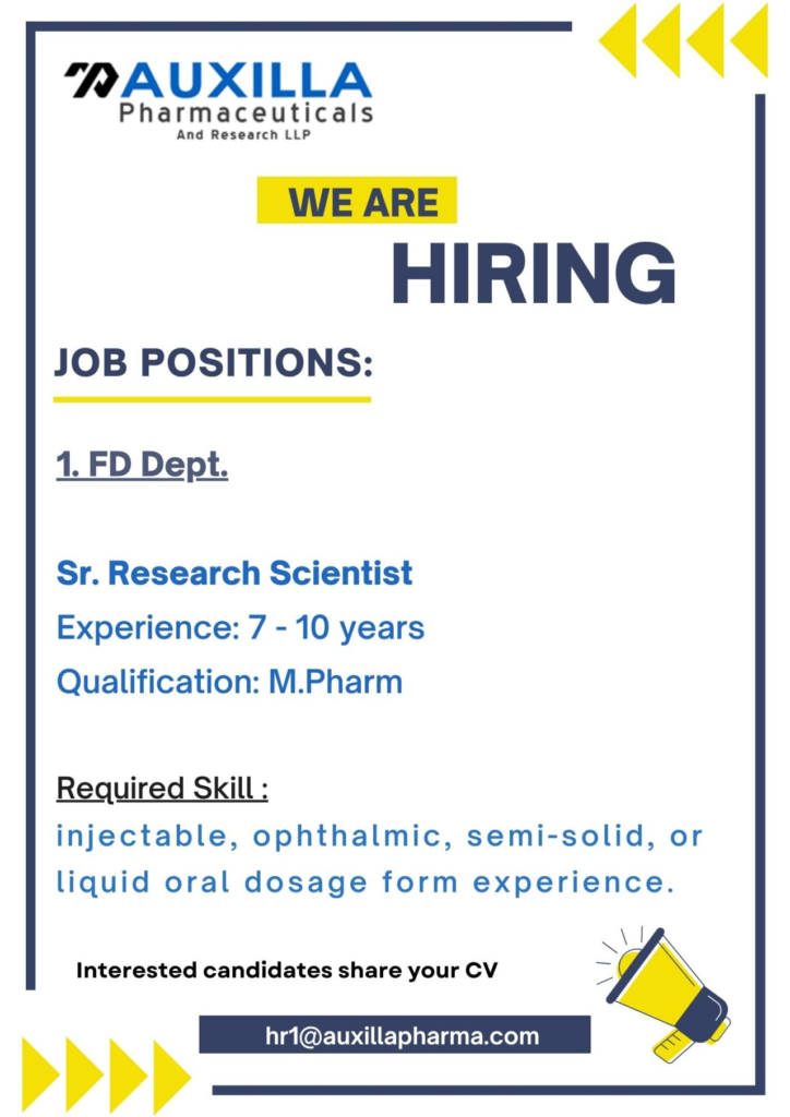 Auxilla Pharmaceuticals Hiring for Senior Research Scientist Opportunity in Ahmedabad