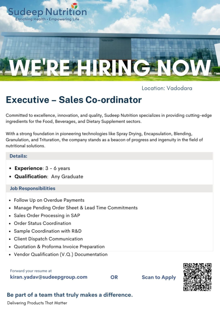 Sudeep Nutrition: Executive - Sales Coordinator Opportunity in Vadodara