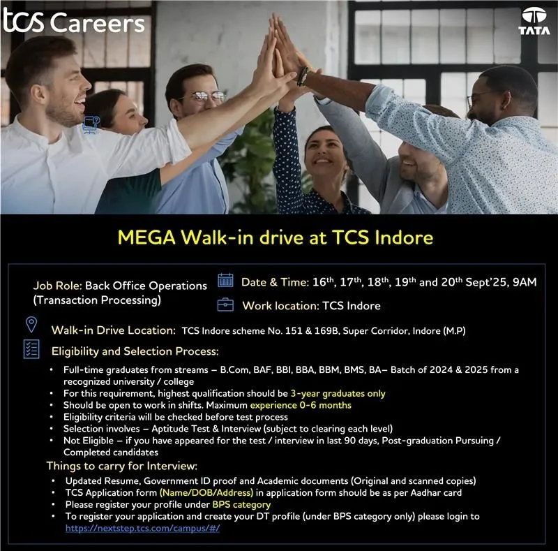 TCS Mega Walk-In Drive for Back Office Operations in Indore