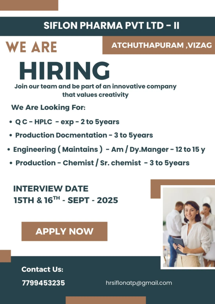 Siflon Pharma Walk-In Interview for Various Roles on 16th September