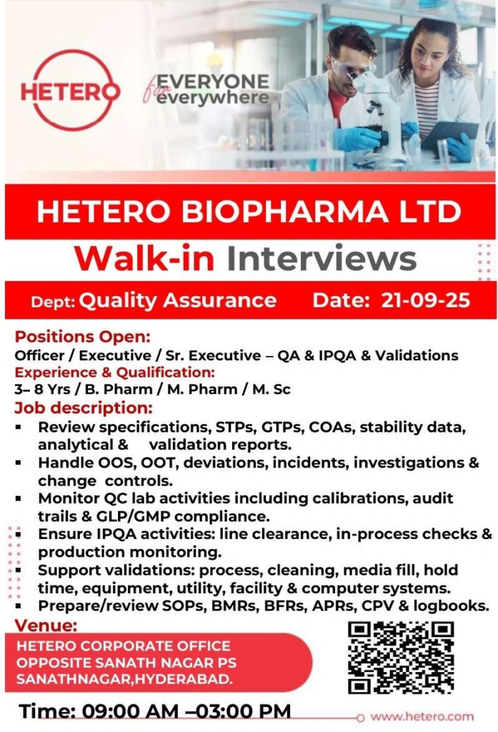 Hetero Biopharma Ltd Walk-in Interview for QA Jobs on 21st September