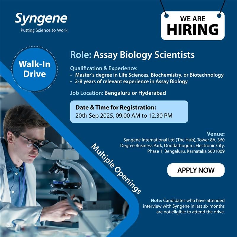 Syngene Walk-In Drive for Assay Biology Scientists in Bengaluru