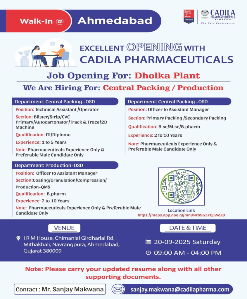 Walk-In Drive @ Cadila Pharmaceuticals - Hiring for Various Roles on 20th September