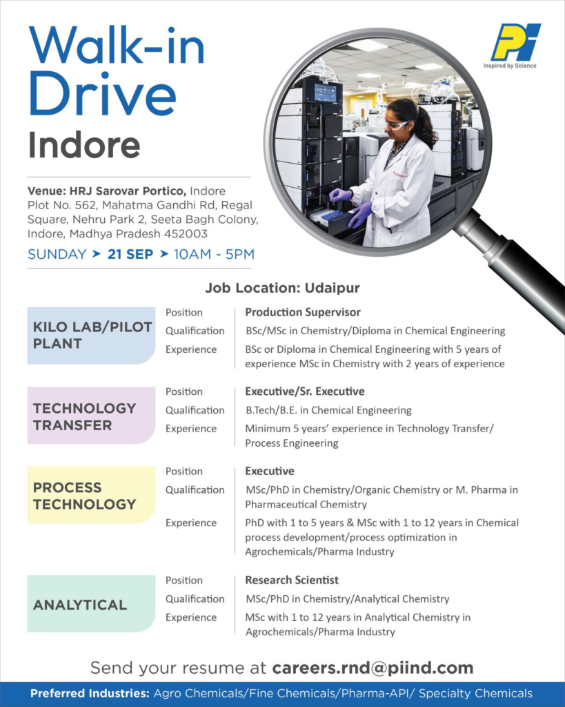 PI Industries Walk-in Drive for Chemical Engineering Jobs on 21st September