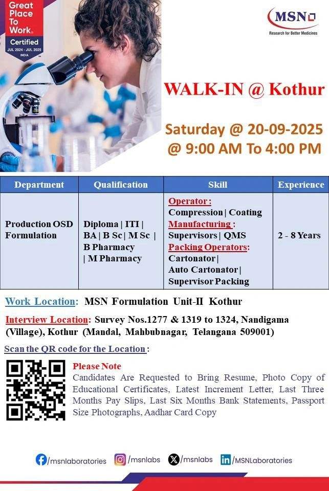 MSN Laboratories Walk-in Interview for Pharma Jobs on 20th September