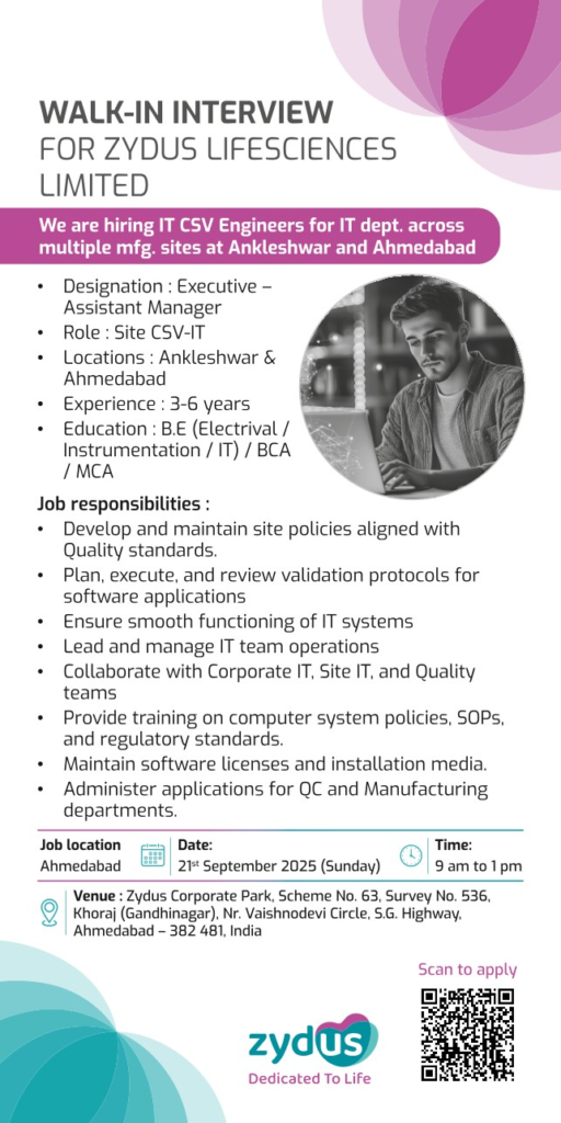 Zydus Lifesciences Walk-In Interview for IT CSV Engineers on 21st September