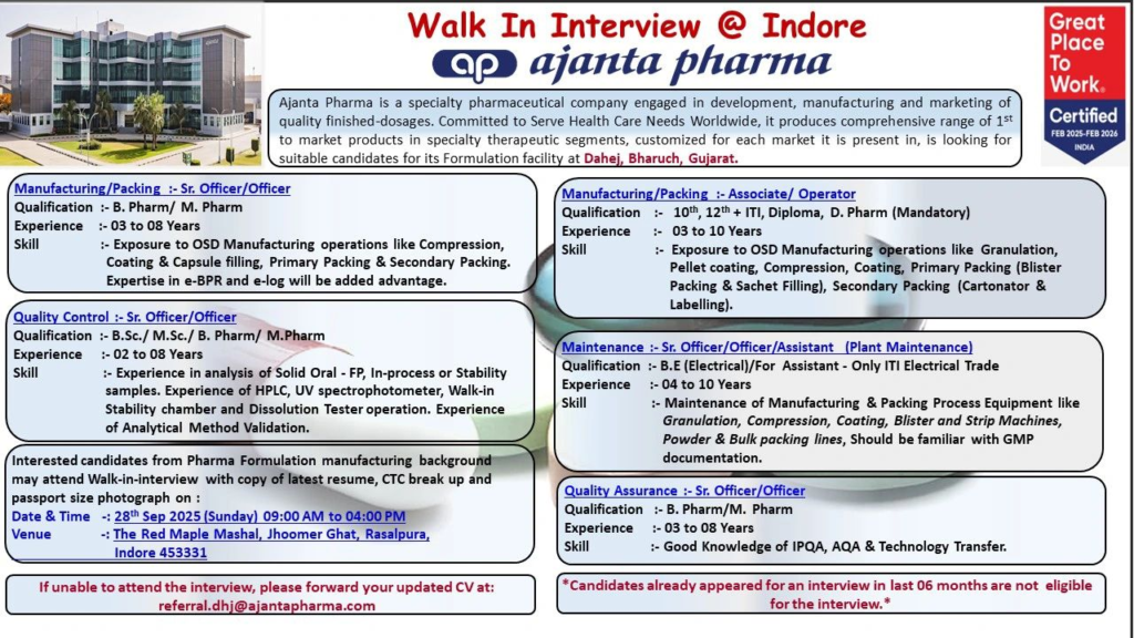 Ajanta Pharma Walk-In Interview for QA, QC, Manufacturing, Packing and Maintenance Roles on 28th September
