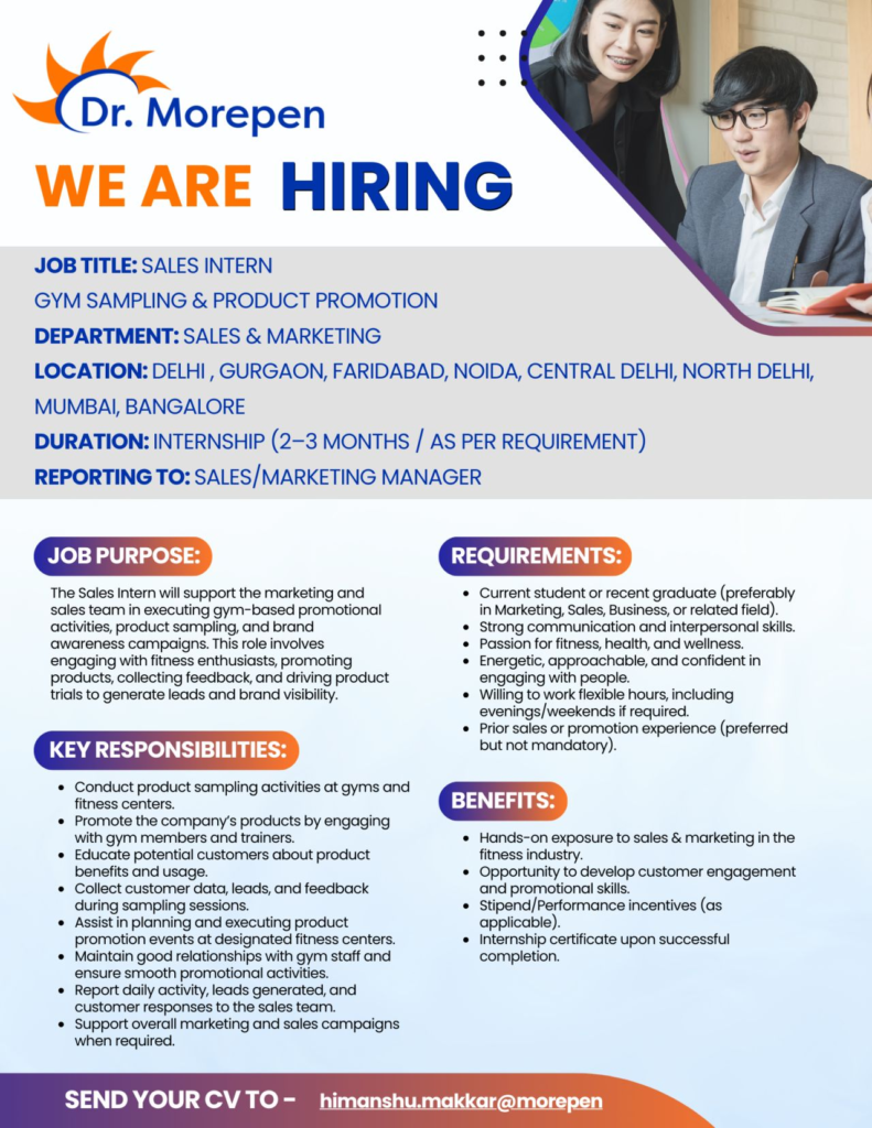 Dr. Morepen is Hiring a Sales Intern in Multiple Cities