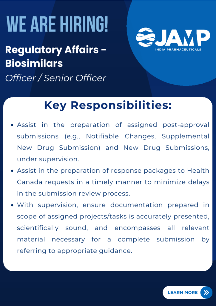 JAMP India Pharmaceuticals is Hiring Officer/Senior Officer – Regulatory Affairs (Biosimilars)