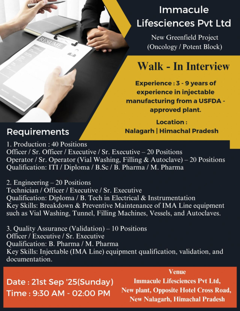 Immacule Lifesciences Walk-In Interview for Oncology Injectable Roles on 21st September