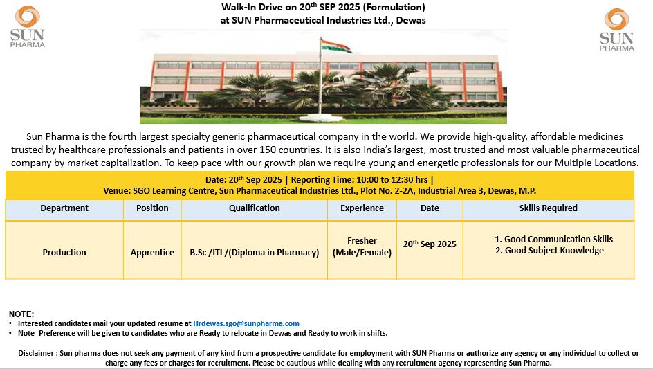 Sun Pharma Walk-In Drive for Production Apprentice om 20th September