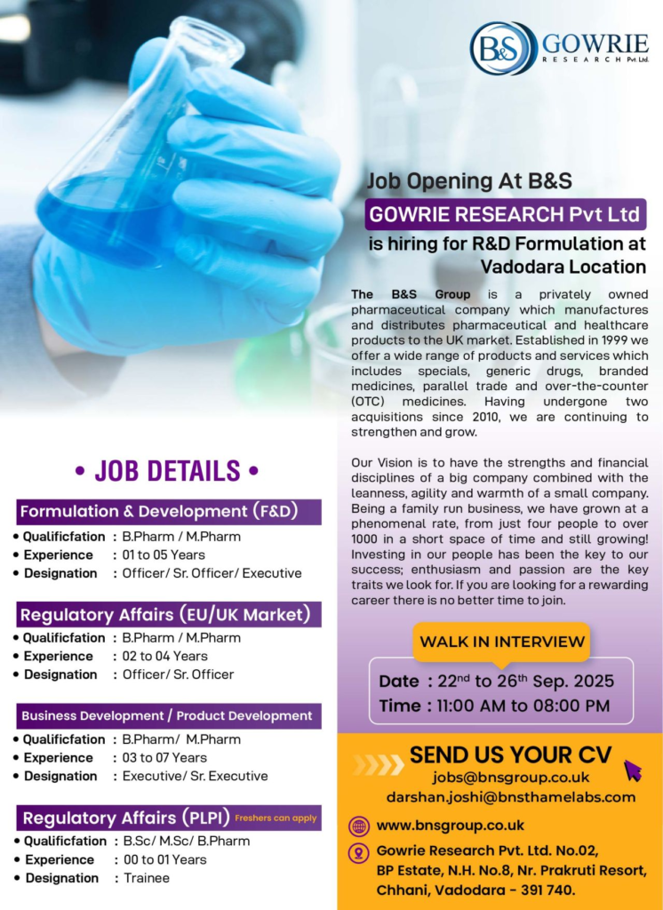 Gowrie Research Walk-In Interview for R&D and Regulatory Roles on 22nd to 26th September