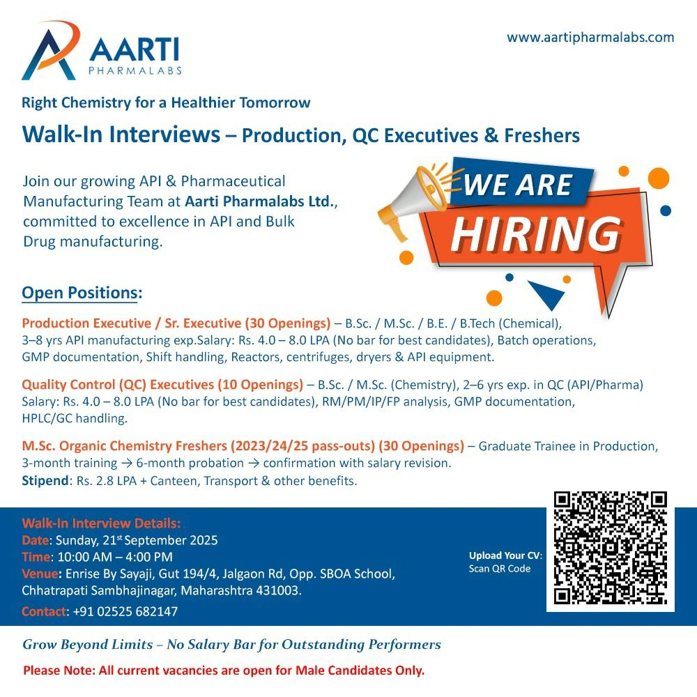 Aarti Pharmalabs Walk-In Interviews for API Manufacturing Careers in Maharashtra on 21st Sep
