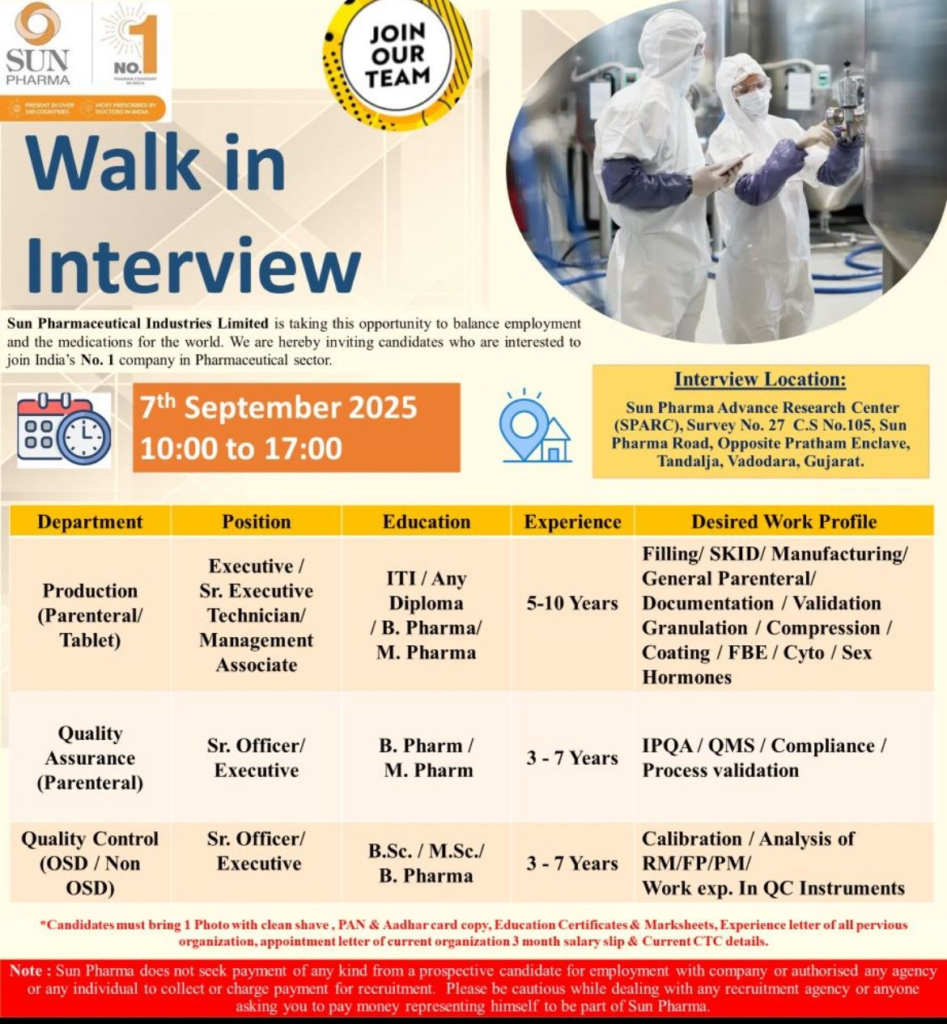 Sun Pharma Walk-In Interview 2025 – Production, QA, and QC Roles on 7th September