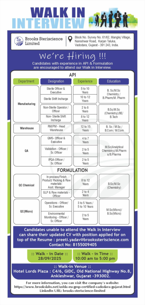 Brooks Steriscience Limited Walk-In Interview for API & Formulation Roles on 28th September