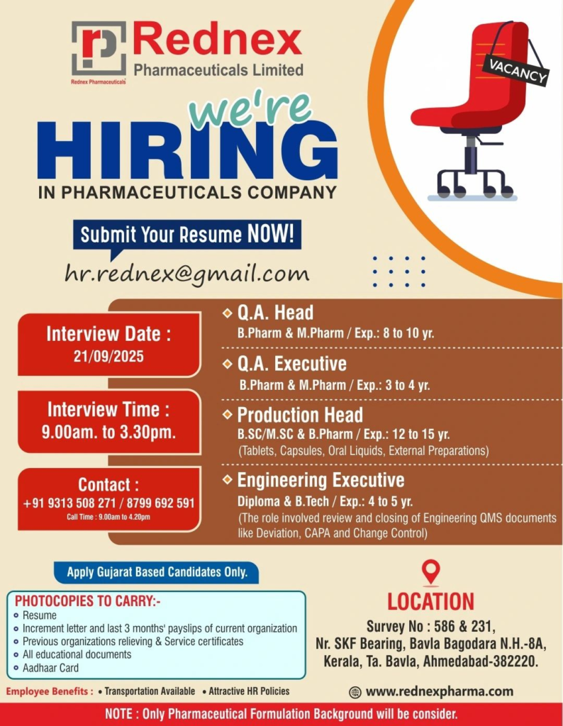 Rednex Pharmaceuticals Walk-in Interviews for Quality Assurance and Production Leaders on 21st September