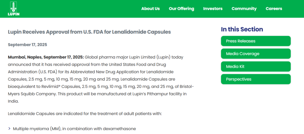 Lupin Receives U.S. FDA Approval for Lenalidomide Capsules