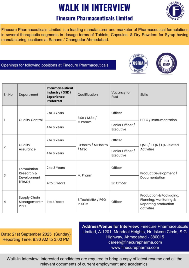 Finecure Pharmaceuticals Walk-in Interviews for Quality and Production Roles on 21st September