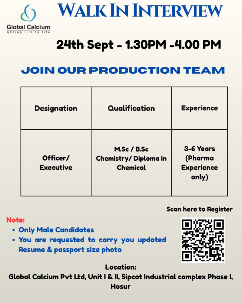 Global Calcium Pvt Ltd Walk-in Interview for Production Officer/Executive on 24th September