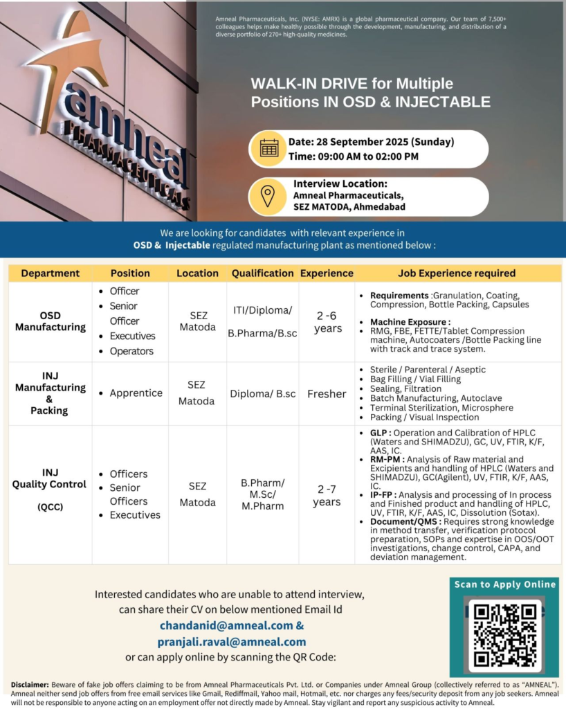 Amneal Pharmaceuticals Walk-in Interviews for OSD & Injectable Roles on 28th September