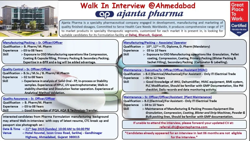 Ajanta Pharma Walk-in Interviews for OSD and Maintenance Roles on 21st September