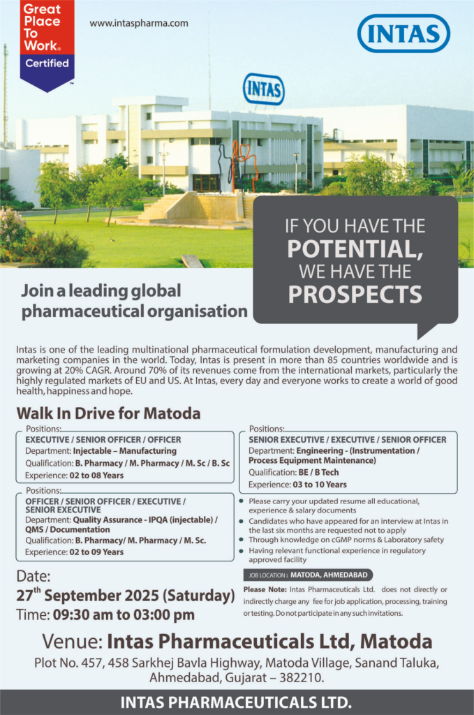 Intas Pharmaceuticals Walk-In Drive for QA, Engineering, Manufacturing Roles on 27th September