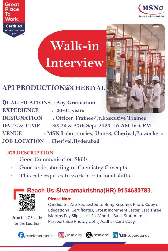 MSN Laboratories Walk-In Interview for API Production Trainee Roles on 25th, 26th, and 27th September