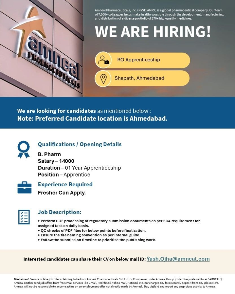 Amneal Pharmaceuticals Walk-In Interview for RO Apprenticeship | Freshers Apply Now