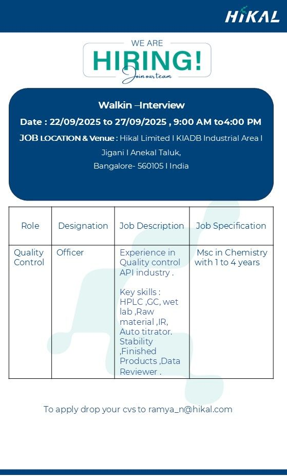 Hikal Limited Walk-In Interview for Quality Control Officer Roles from 22nd to 27th September 2025