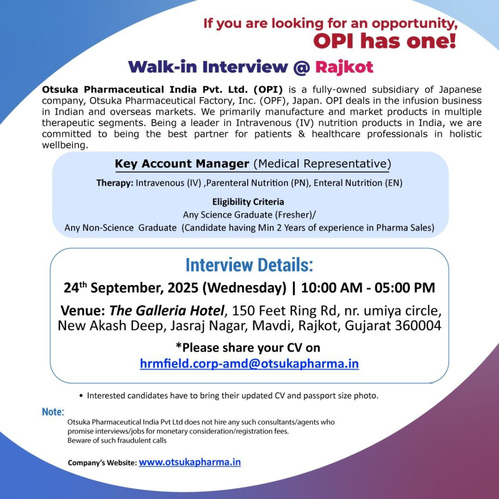 Otsuka Pharma Walk-in Interview for Medical Representative on 24th September (Rajkot)