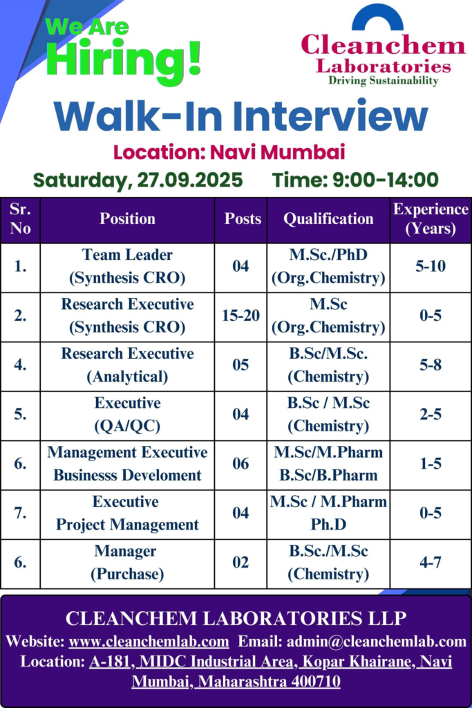 Cleanchem Laboratories Walk-in Interview for Freshers and Experienced Candidates on 27th September