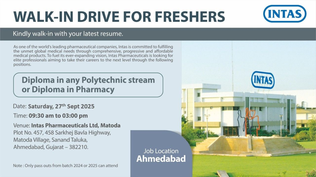 Fresher Jobs @ Intas Pharmaceuticals - Walk-in Drive for Diploma Holders on 27th September