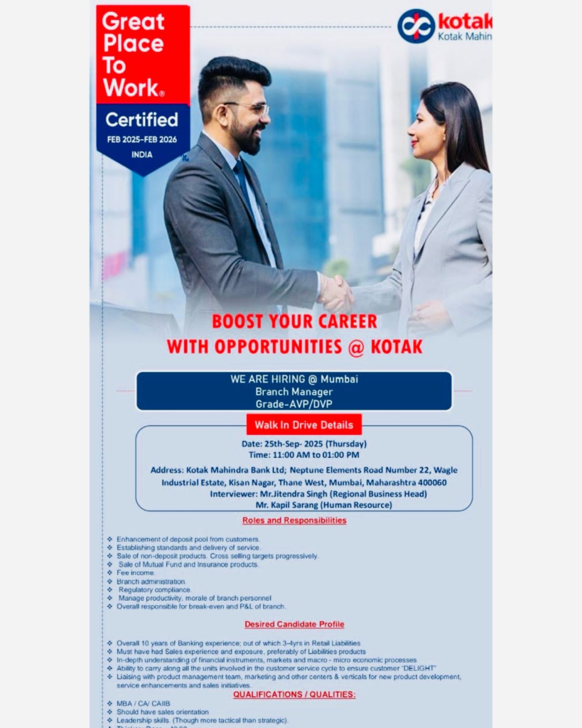 Kotak Mahindra Bank Walk-in Drive for Branch Manager in Mumbai on 25th September