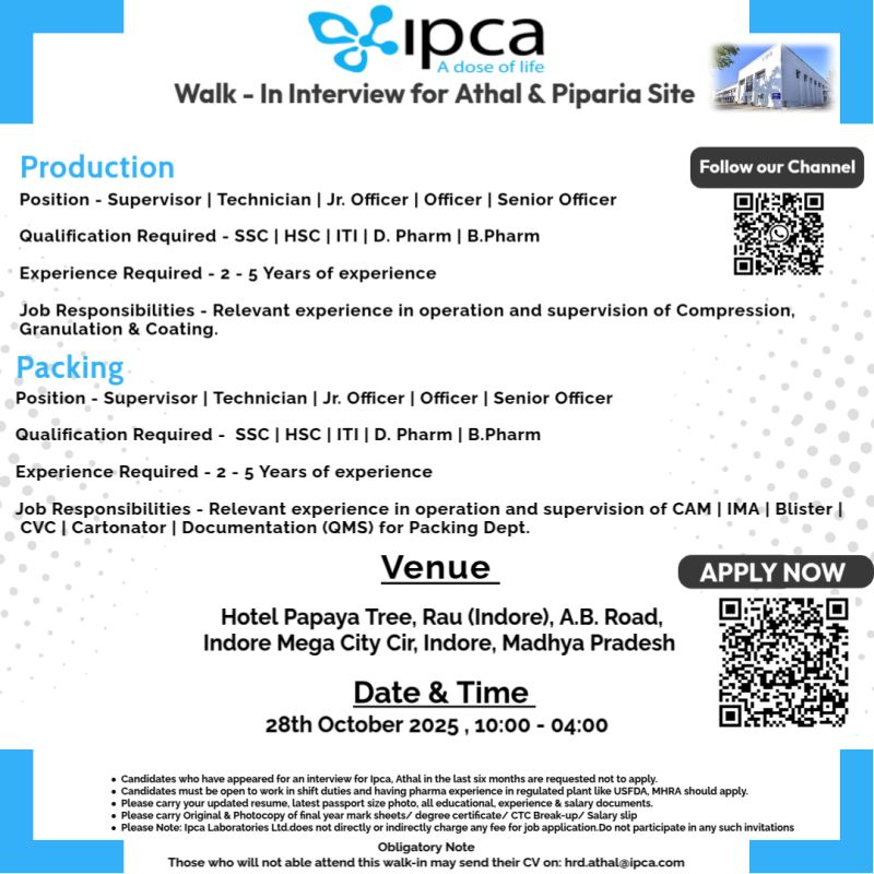 Ipca Laboratories Walk-in Interview for Production and Packing Roles on 28th September