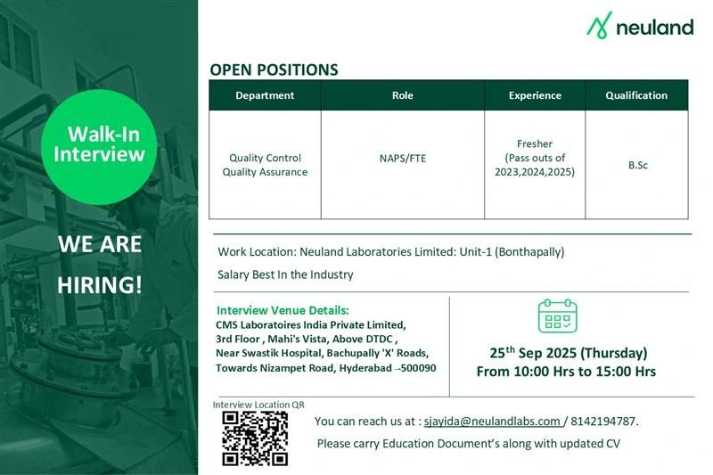 Neuland Laboratories Walk-In Interviews for Fresher Jobs on 25th September