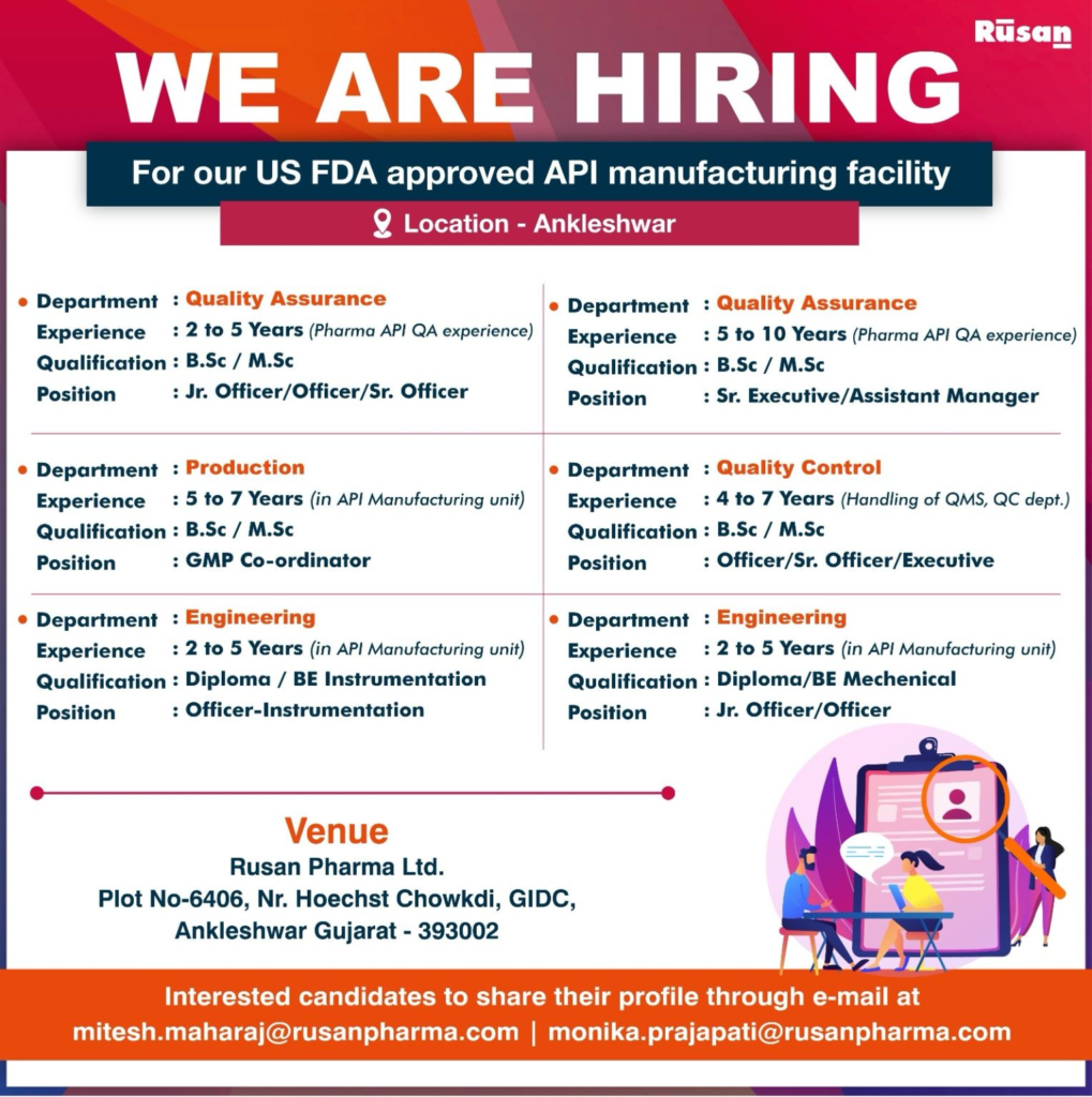 Rusan Pharma Walk-In Interviews for Multiple Roles in Ankleshwar