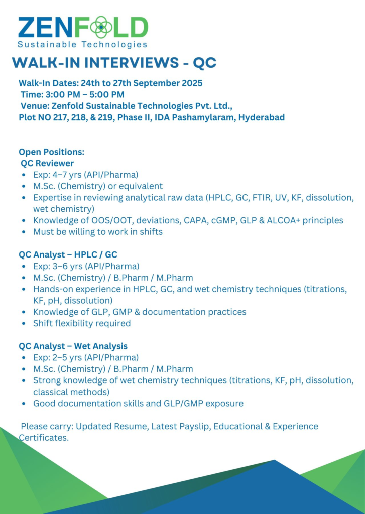 Zenfold Sustainable Technologies Walk-In Interviews for QC Roles from 24th to 27th September