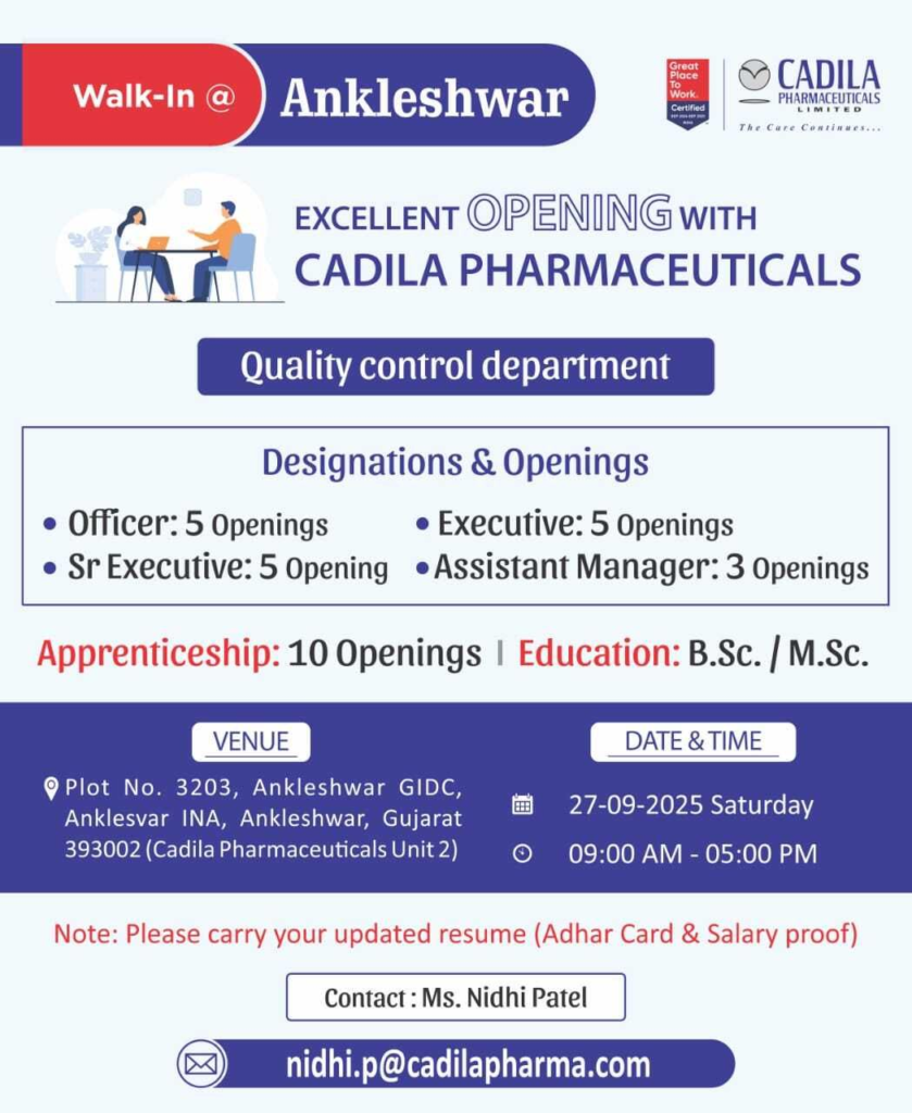 Cadila Pharmaceuticals Walk-In Interviews for Quality Control Roles on 27th September